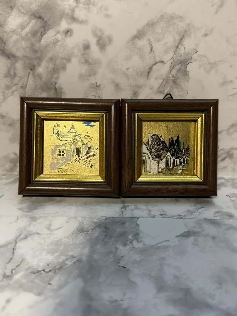 Vintage Pair of Miniature Italian Gold Leaf Trulli House Paintings Framed